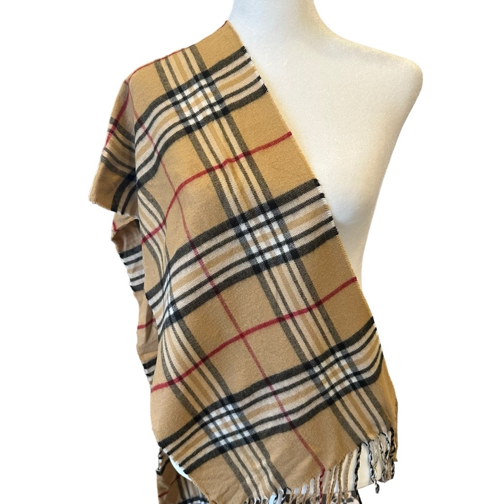 Cashmink scarf by V. Frass. Tan, black and red.